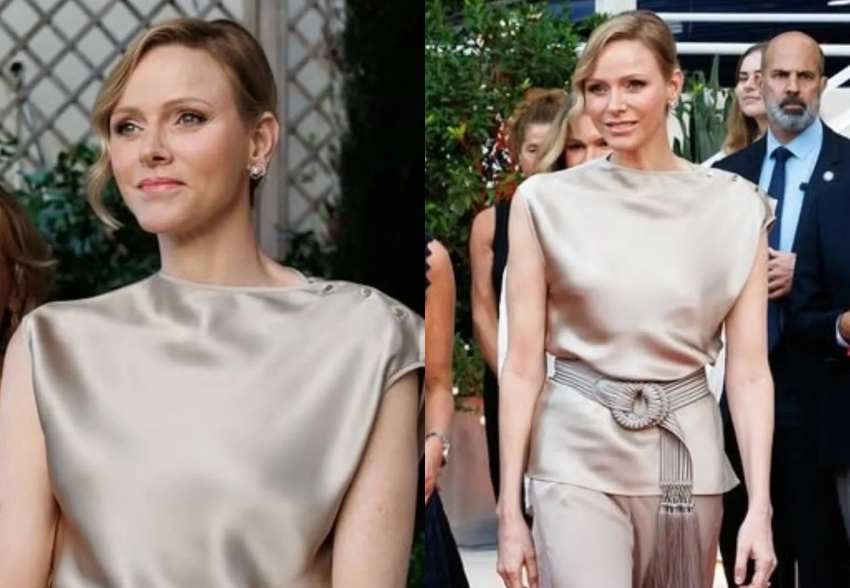 Княгиня Шарлен вышла в свет в костюме из шёлка