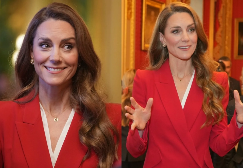 Кейт Миддлтон в красном костюме и с новым цветом волос возглавила первый государственный приём в этом году
